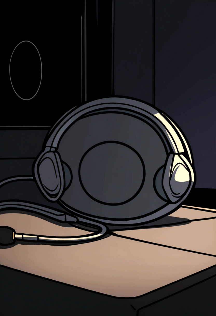 Comfortable room at night, Using headphones, 2D style anime, Low Fidelity, harddisk, Dark Environment