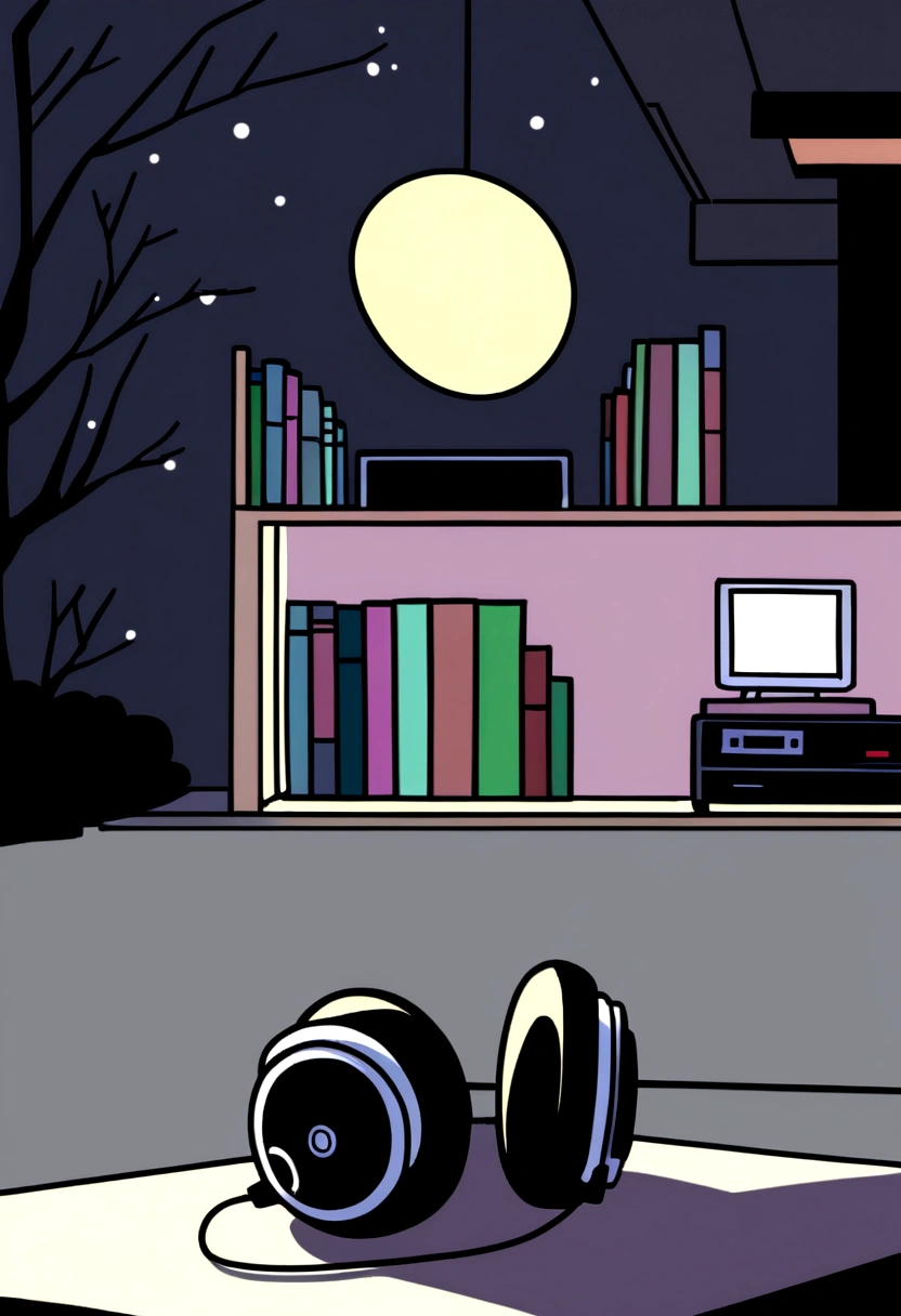 Comfortable room at night, Using headphones, 2D style anime, Low Fidelity, harddisk, Dark Environment
