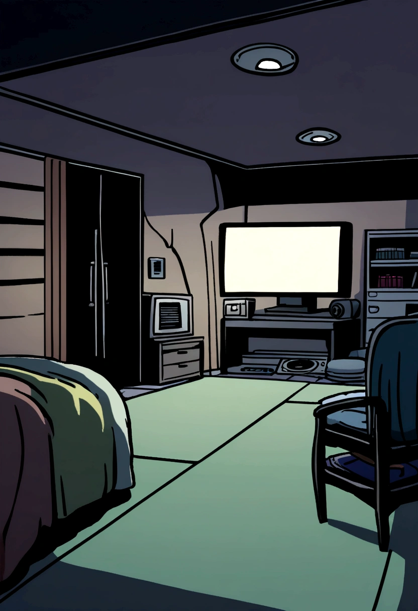 Comfortable room at night, Using headphones, 2D style anime, Low Fidelity, harddisk, Dark Environment