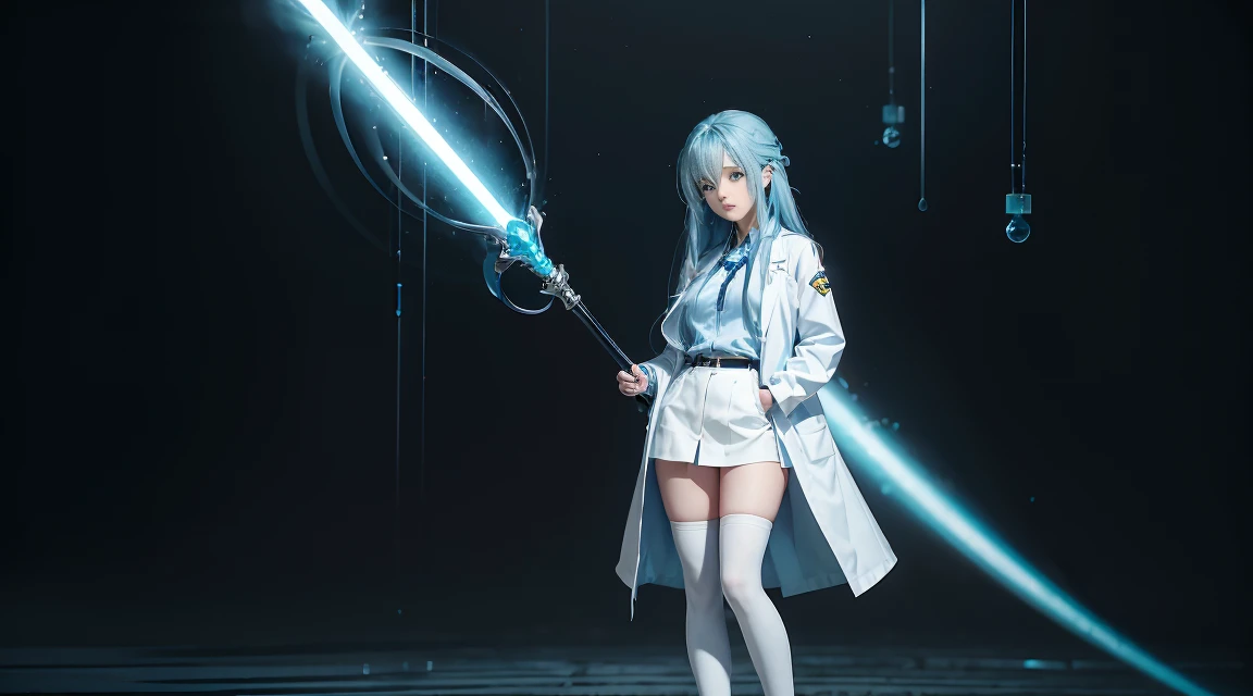 masterpiece, best quality, high quality, highres, 1girl, solo, aqua (konosuba), blue hair, long hair, blue eyes, white shirt ,long labcoat, black office skirt, thighhighs, full body, standing, hands in pockets, bored, depth of field, laboratory,
