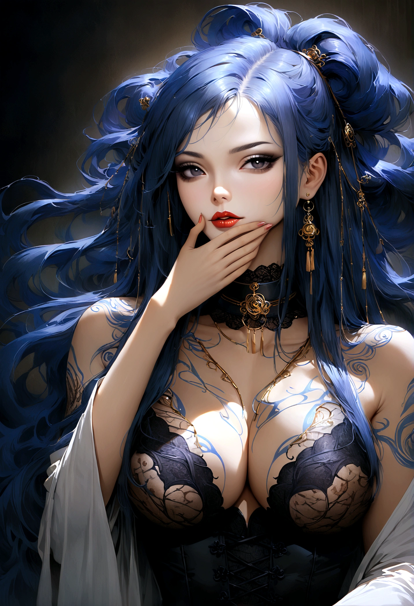 Create a photo realistic hyper realistic heavily tattooed chinese, perfect face, curved natural eyebrows, long luscious eyelashes, black eyeliner, black eye shadow, curved lips, bright lipstick, long luscious natural hair, black lace choker collar, golden ratio body, black corset, black thong, sitting in a bed one and in hair the other hand over mouth,