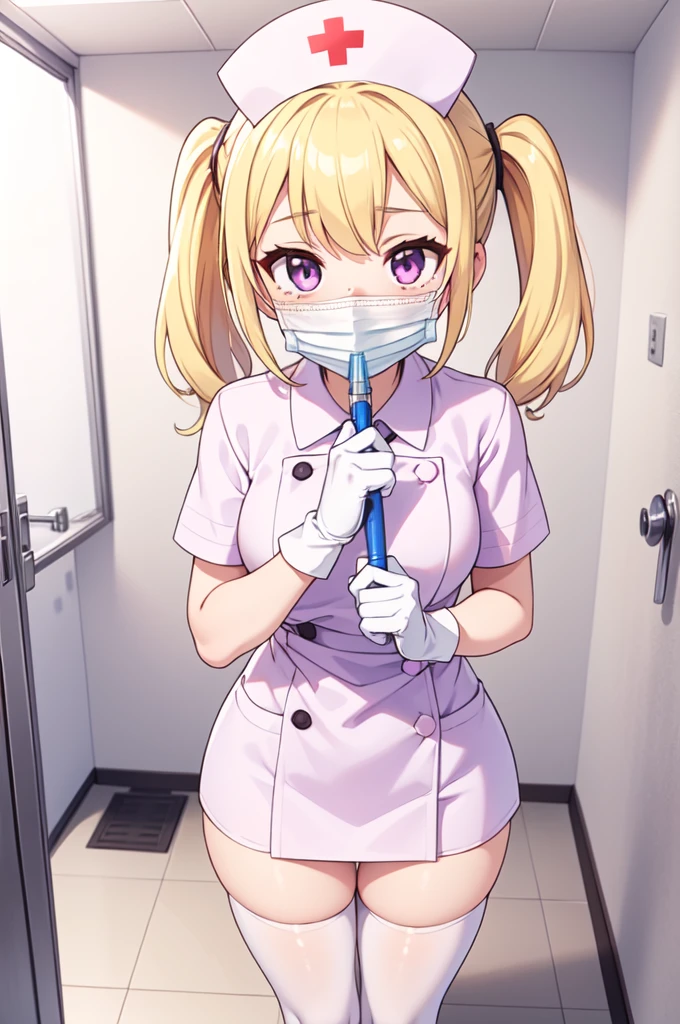 1girl, solo, nurse, nurse cap, white nurse uniform, ((white legwear, zettai ryouiki)), white gloves, twintails, yellow hair, purple eyes, ((white surgical mask, covered nose)), standing, ((hospital room)), sharp outline, short sleeves, best quality, masterpiece