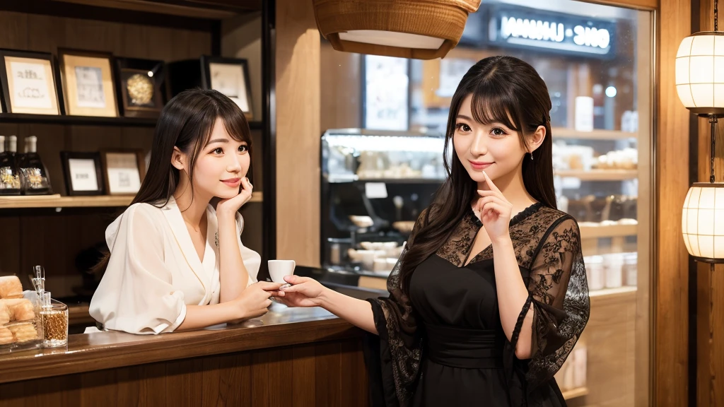 ・A hostess in a Kabukicho club ・Wearing a gorgeous dress ・Serving customers while sitting on a chair ・A luxurious atmosphere inside the store ・Large black eyes and long eyelashes、Small nose and mouth、Plump Cheeks