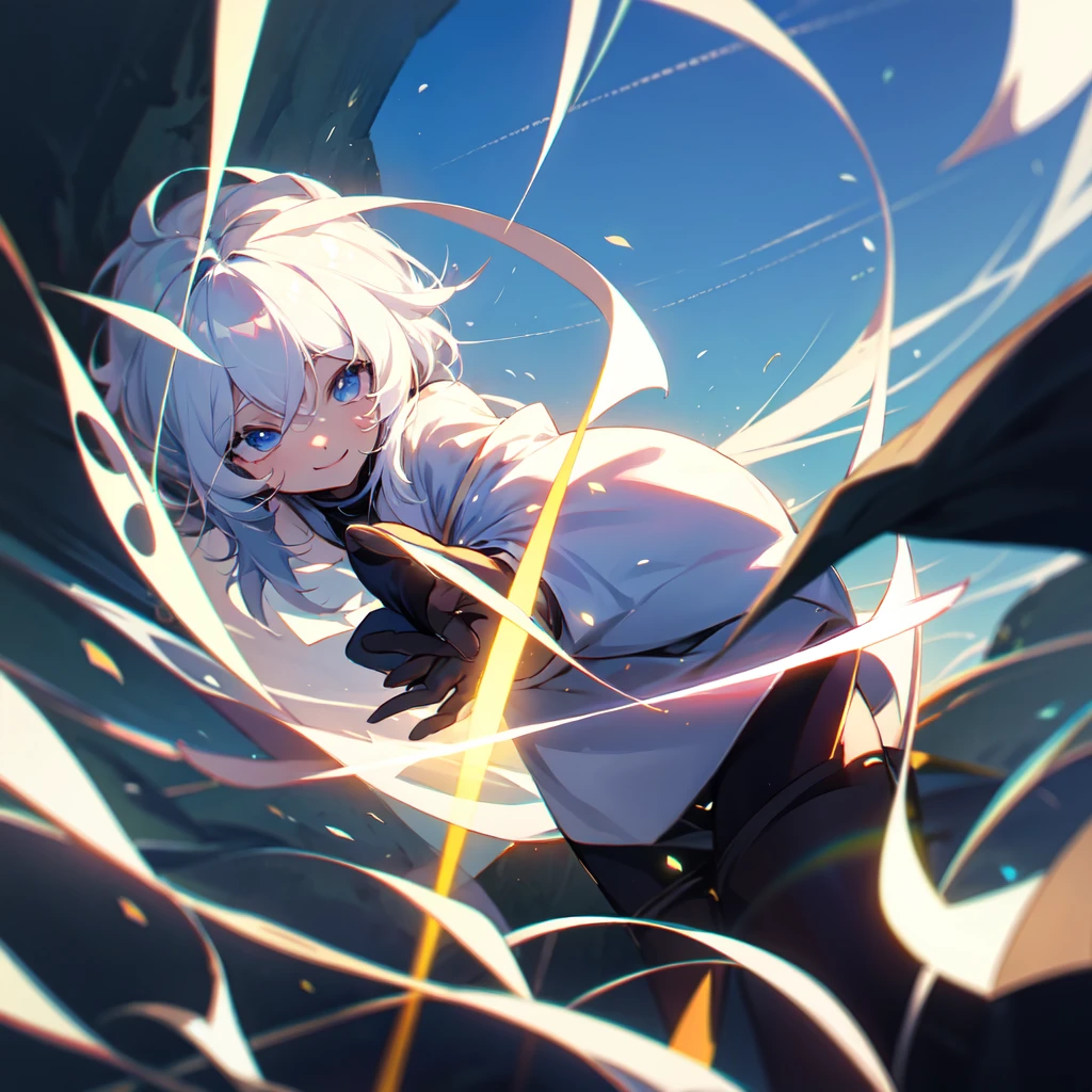 1 garota de anime sorrindo de cabelos azuis e olhos azuis, fundo simples, solar lighting, melhor qualidade