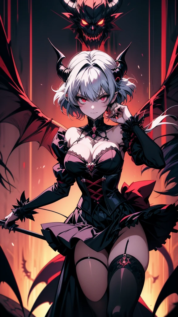 top-quality、Top image quality、in 8K,4K,masterpiece、(NSFW:1.1)、ultra-detailliert、Beautiful、ultra-quality、cute little、girl with(((18year old、Halloween Style Costumes:1.3、Little Devil 1:3、Bust 78、silber hair、a short bob、Red Eyes、erotick:1.4、Happiness、The tattoo)))、hiquality、visualart、Background with((Halloween 1.2))、masutepiece