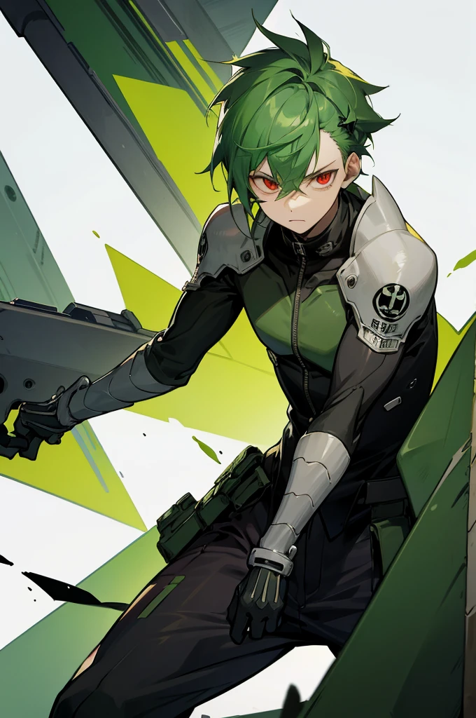 Green hair and eyes, boy, teenager, red eyes, mysterious, cool, main character