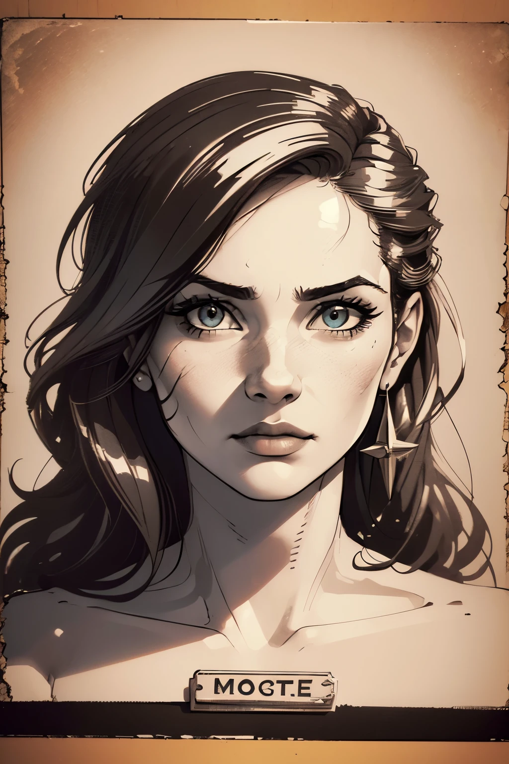 A girl in a mugshot, sketch, black and white, detailed features, vintage style, high contrast lighting, expressive eyes, tousled hair. (best quality, highres, realistic:1.37), vintage, monochrome, intense gaze, dramatic lighting, rugged background, distressed paper texture, retro vibes, id photo, front view