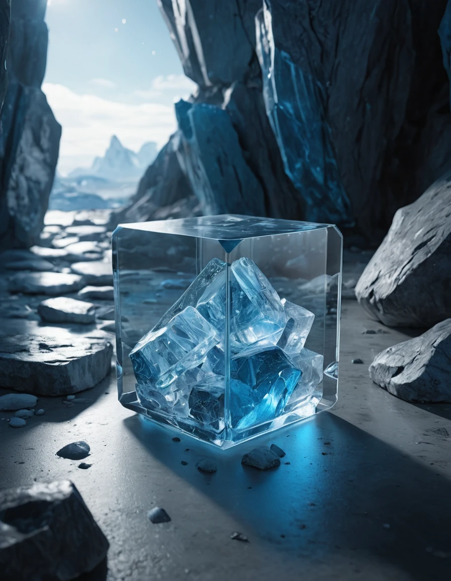 ultra realistic 8k cg, flawless, clean, masterpiece, professional artwork, famous artwork, cinematic lighting, Iceblocks, (((photo raw)), background), a large clear  glass futuristic  container with a messhall inside, blue  rock
