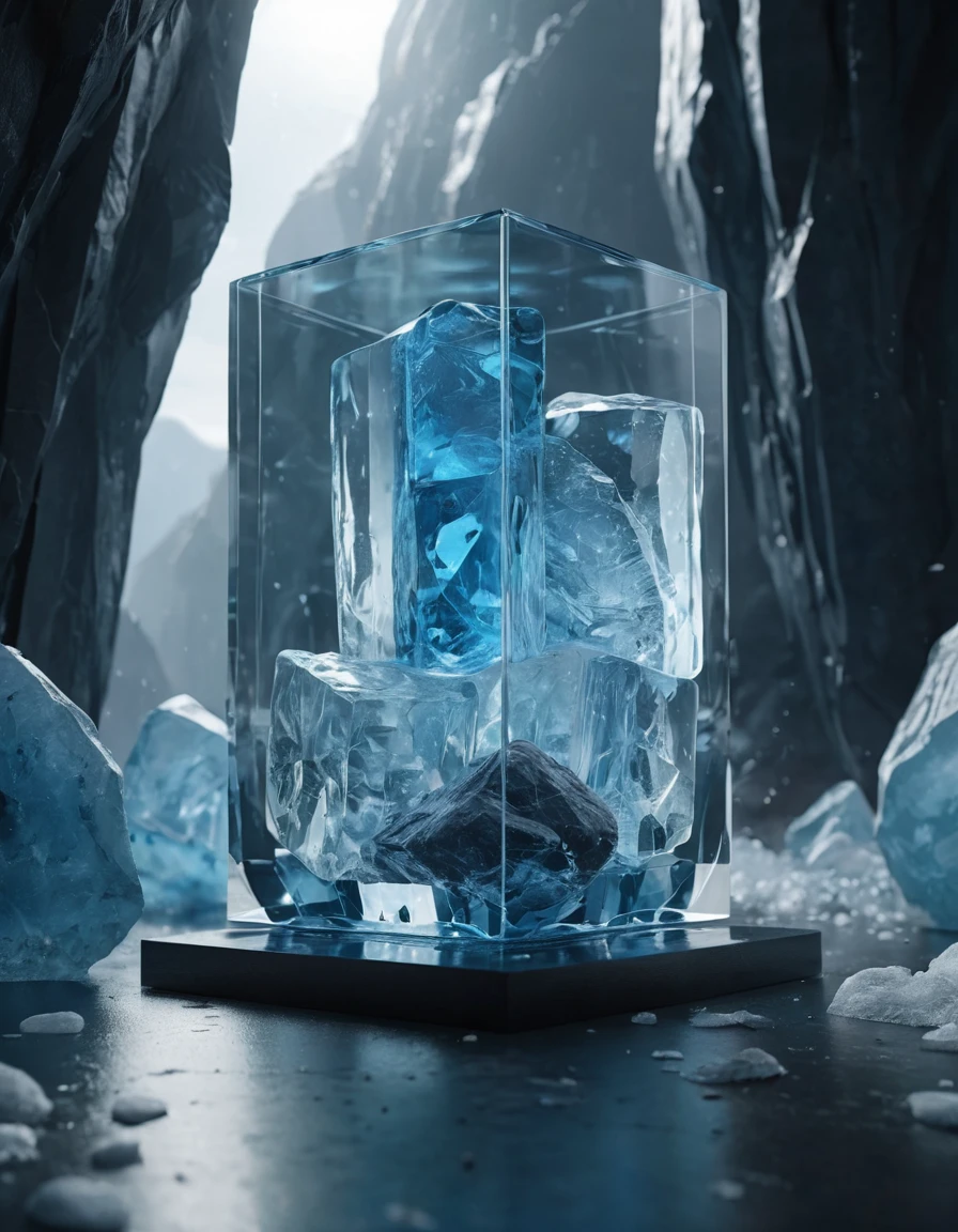 ultra realistic 8k cg, flawless, clean, masterpiece, professional artwork, famous artwork, cinematic lighting, Iceblocks, (((photo raw)), background), a large clear glass futuristic container with a messhall inside, blue rock