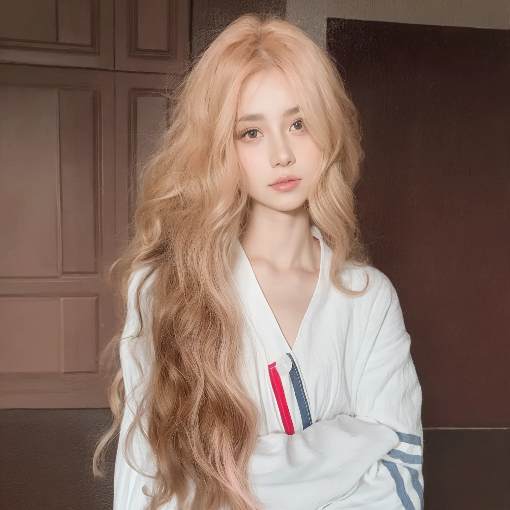 Pink long curly hair,Natural and beautiful hair,Middle-parted long curly hair with bangs,The background is simple and clean