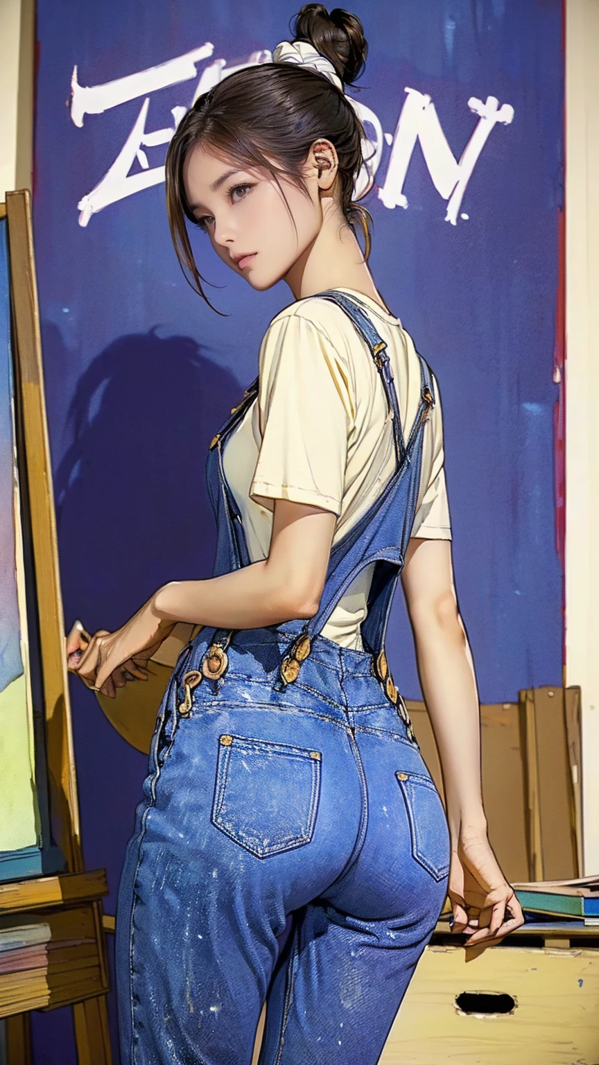 20 years old,1 mature woman,hyperrealistic, 8k, (extremely detailed 8k), (very delicate and beautiful), (masterpiece), (better quality:1.0), (ultra high resolution:1.0), (masterpiece, best quality),cute,black hair,big breasts,ponytail,POV,overalls,full body,white background,realistic skin,looking at viewer