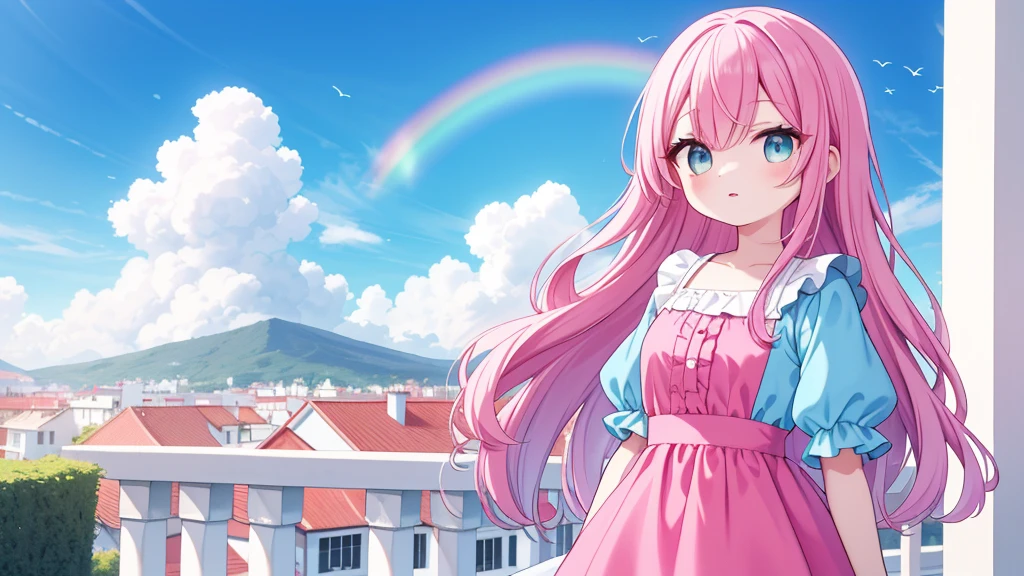Chica con bonita cara, labios rosa, color de pelo azul largo, vestido rosado, en un fondo color celeste, pocas nubes, un arcoiris grande de esquina a esquina, 8K ULTRAHD