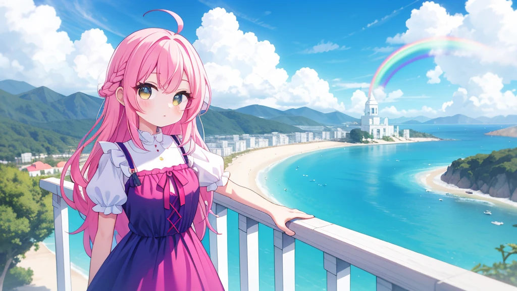 Chica con bonita cara, labios rosa, color de pelo azul largo, vestido rosado, en un fondo color celeste, pocas nubes, un arcoiris grande de esquina a esquina, 8K ULTRAHD