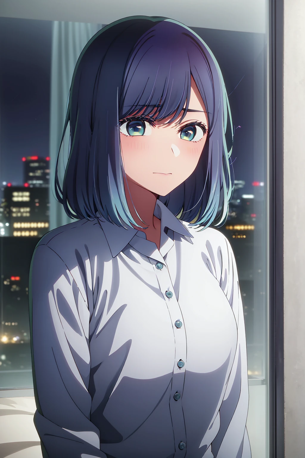 akane kurokawa,naked,rock,Blue Hair,naked,hot,sexy,beautiful,Perfect body,One Girl,big ,masterpiece,Perfect Face,Expressive Face,naked,night、Lying on a bed by the window in a high-rise building,Atmospheric lighting