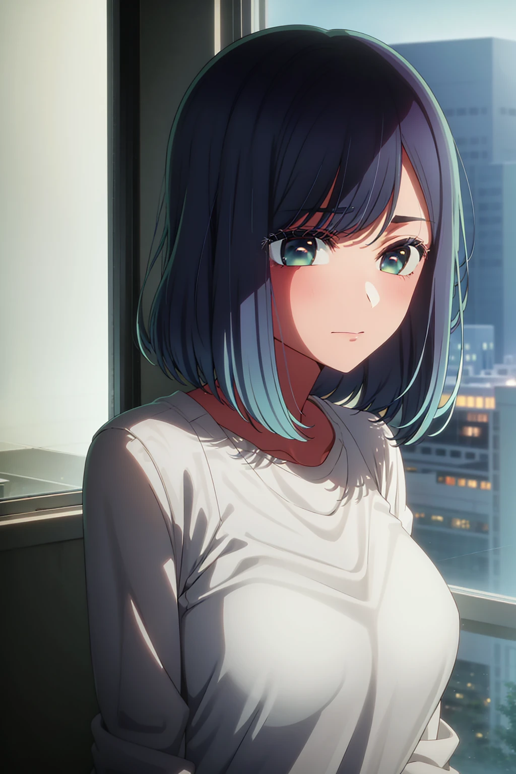akane kurokawa,naked,rock,Blue Hair,naked,hot,sexy,beautiful,Perfect body,One Girl,big ,masterpiece,Perfect Face,Expressive Face,naked,night、Lying on a bed by the window in a high-rise building,Atmospheric lighting