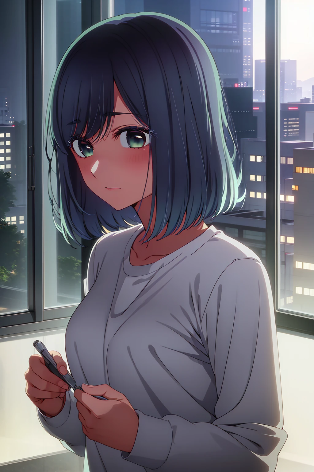 akane kurokawa,naked,rock,Blue Hair,naked,hot,sexy,beautiful,Perfect body,One Girl,big ,masterpiece,Perfect Face,Expressive Face,naked,night、Lying on a bed by the window in a high-rise building,Atmospheric lighting