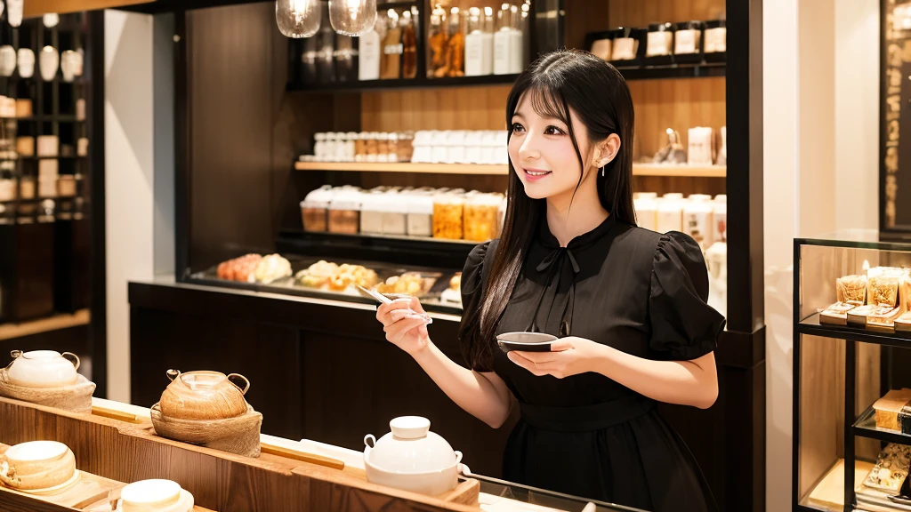 ・A Japanese hostess in her 20s in Bukicho ・Wearing a gorgeous dress ・Serving customers while sitting on a chair ・A luxurious atmosphere inside the store ・Large black eyes and long eyelashes、Small nose and mouth、Plump Cheeks