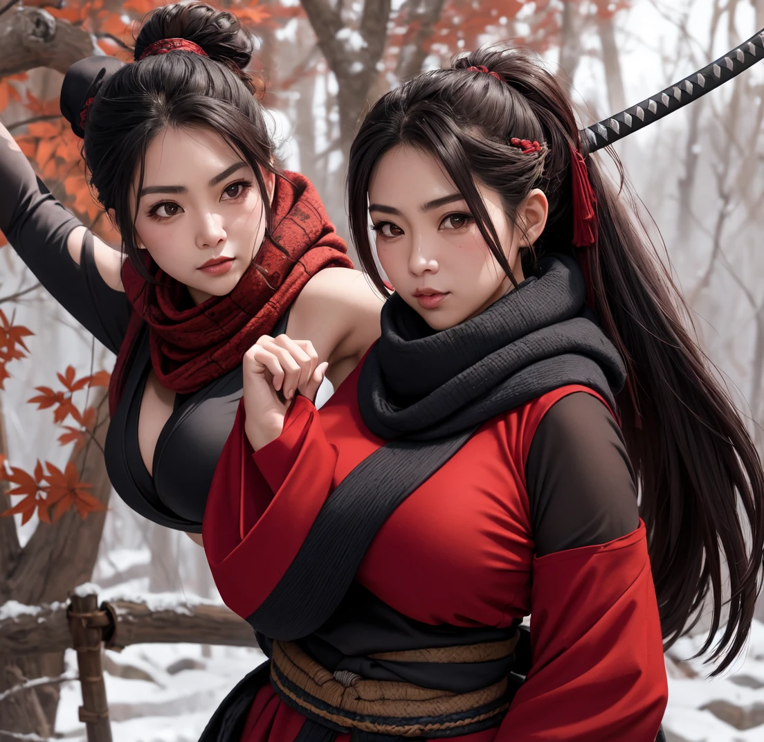 Hermosa mujer pelirosa de cuerpo curbiado , pechos grandes, lleva una bufanda 🧣 rojo, mujer ninja con una katana, de pechos grandes y sobre saliendo, rustic kimono, cold look and beautiful praise 