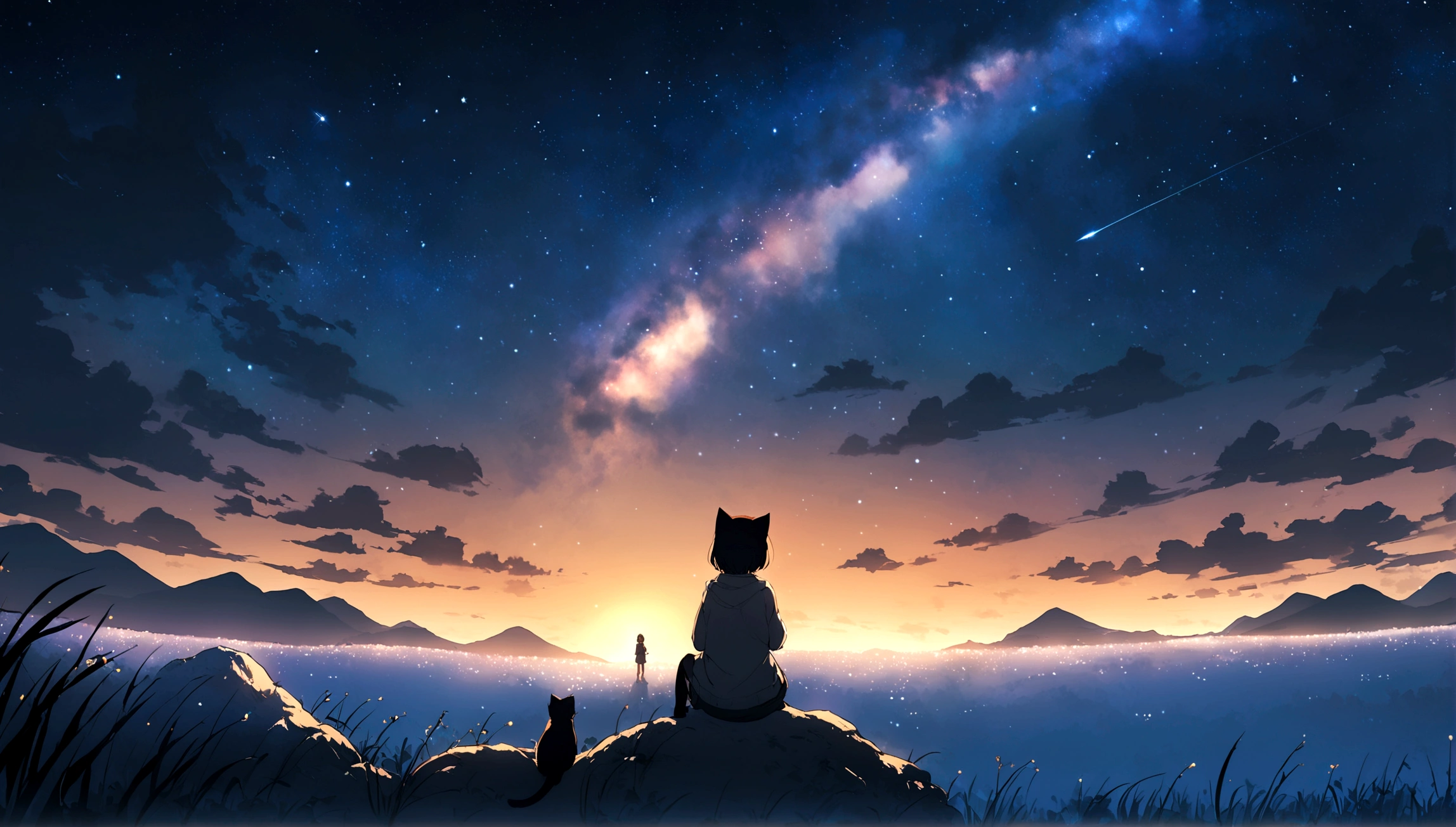 City of night、The sky is wonderful、meteor、3 year old  sitting on top of a building、Black Hair、Back view、The city is bright with streetlights、Landscape Main、Highest quality、Anime Scenery、Xin Haichen、building、Field、Milky Way 110207, distant 3 year old  staring at
the performer，（Zoom out：1.1），（meteor：1.2）、（comet：1.1，yourname、Low Angle、From behind、Alola、shooting star、snow、kitten、Standing in the Field、Highest quality、masterpiece、cloud、colorful、Starry Sky、performer、