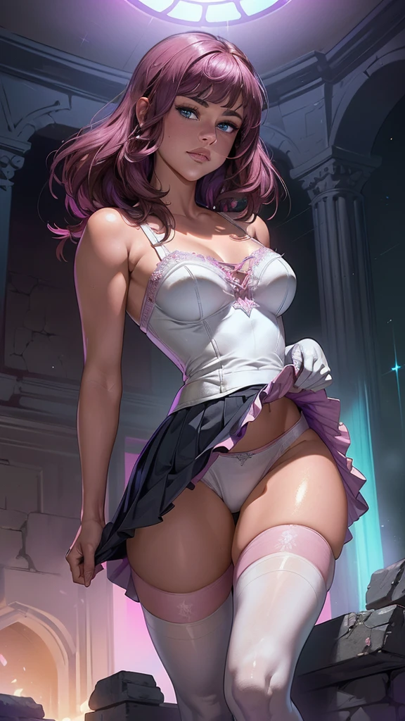 (La mejor calidad,A high resolution,Ultra - detallado,actual),Selena Gomez She looks mostly the same as her game counterpart. However, she now has mint-blue eyes, her gloves are now white,( and the flounces on her dress are lighter with a shine while the skirt is darker:1.4) . (She also has light pink and white tights that resemble candy canes and dark purplish-pink Mary Jane flats:1.4) . SPARKLE; Glitter, (skirt lifted by itself: 1.1), (skirt lift: 1.3), (showing white panties: 1.3), More detailed 8K.motor irreal:1.4,UHD,La mejor calidad:1.4, fotorrealista:1.4, textura de la piel:1.4, obra maestra:1.8,obra-prima, mejor calidad,objeto Objeto], (detailed face features:1.3),(Las proporciones correctas),(Ojos hermosos azules),  (pose vaquero), ,(Fondo de ruinas de mazmorra en ruinas:1.4 ), (skirt lifted by itself: 1.1), (skirt lift: 1.3), (showing white panties: 1.3),( cinematic lighting :1.4), (colores brillantes), (Selena Gomez :1.4),( Selena Gomez V2.1), (dedos perfecto :1.4), (perfect anatomy :1.4) 