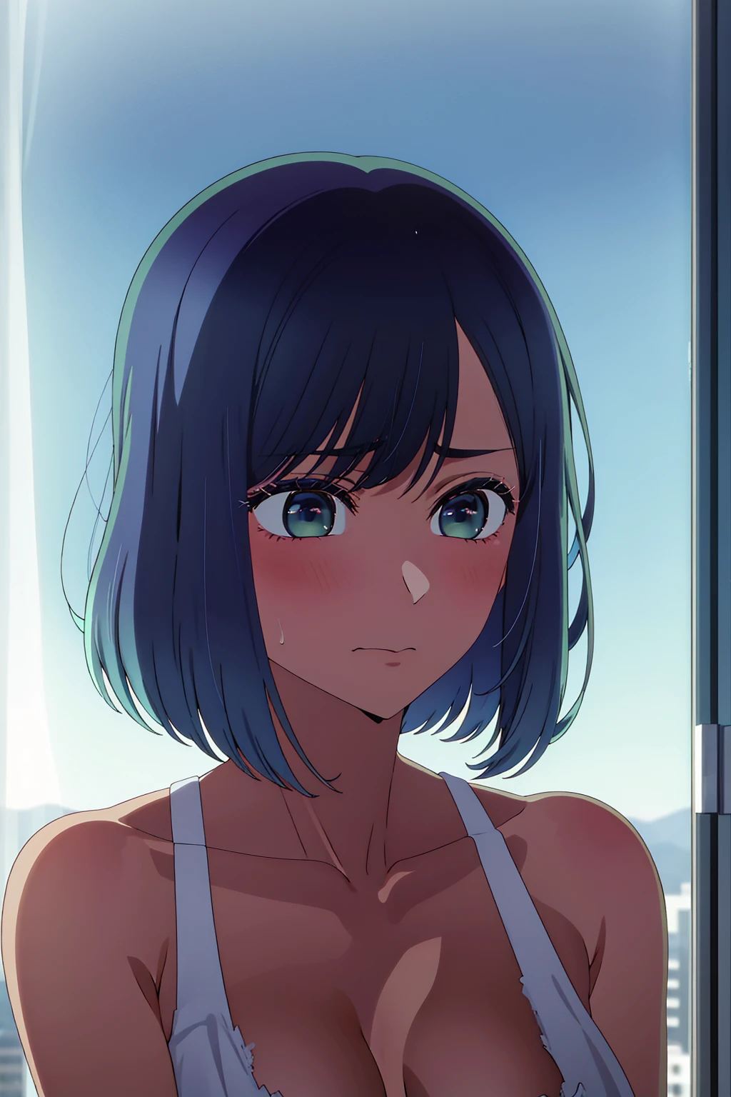 akane kurokawa,naked,rock,Blue Hair,naked,hot,sexy,beautiful,Perfect body,One Girl,big ,masterpiece,Perfect Face,Expressive Face,naked,night、Lying on a bed by the window in a high-rise building,Atmospheric lighting、Sad face