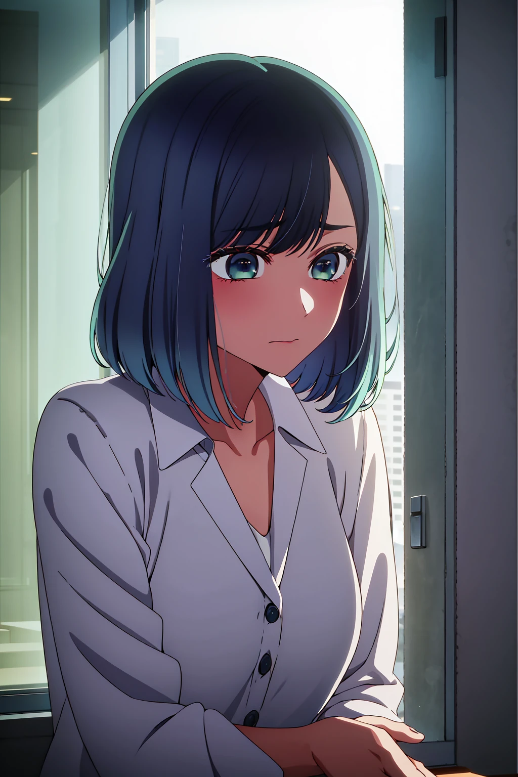 akane kurokawa,naked,rock,Blue Hair,naked,hot,sexy,beautiful,Perfect body,One Girl,big ,masterpiece,Perfect Face,Expressive Face,naked,night、Lying on a bed by the window in a high-rise building,Atmospheric lighting、Sad face