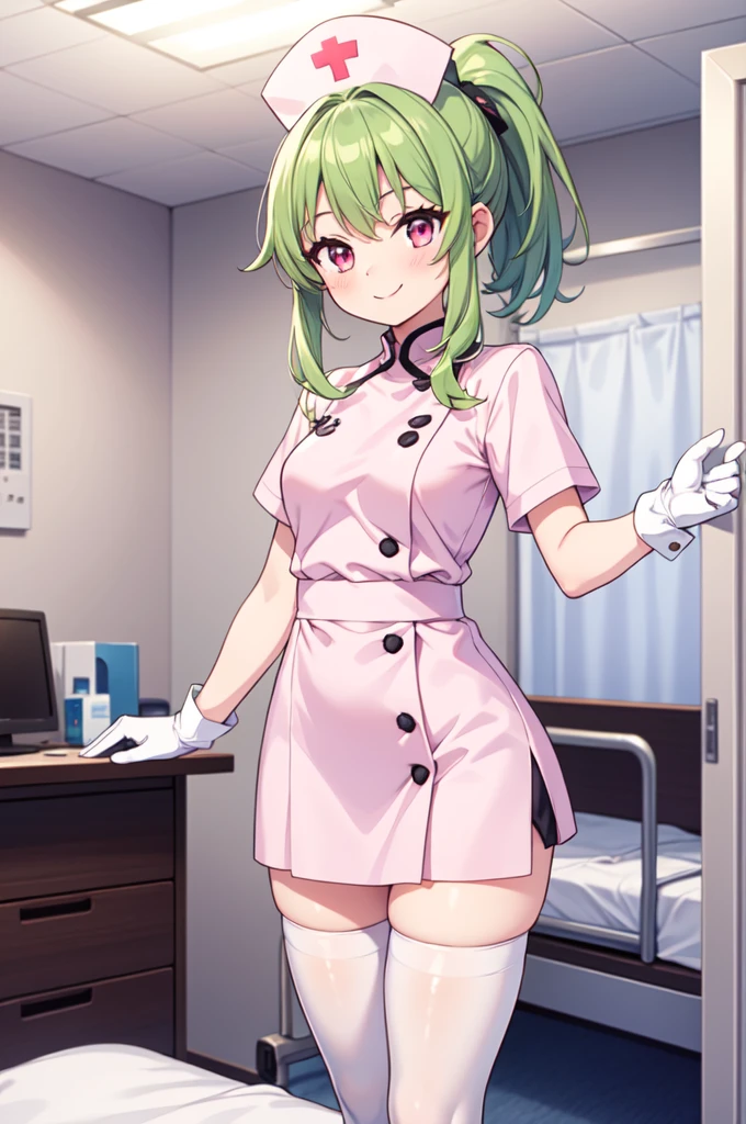 1girl, solo, nurse, nurse cap, white nurse uniform, ((white legwear, zettai ryouiki)), white gloves, ponytail, green hair, pink eyes, smile, standing, ((hospital room)), sharp outline, short sleeves, best quality, masterpiece