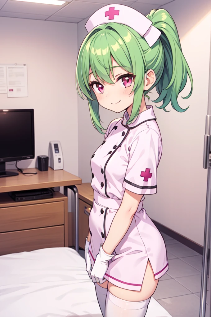 1girl, solo, nurse, nurse cap, white nurse uniform, ((white legwear, zettai ryouiki)), white gloves, ponytail, green hair, pink eyes, smile, standing, ((hospital room)), sharp outline, short sleeves, best quality, masterpiece