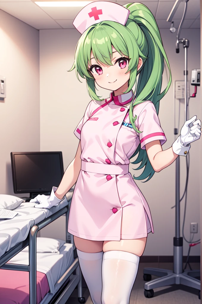1girl, solo, nurse, nurse cap, white nurse uniform, ((white legwear, zettai ryouiki)), white gloves, ponytail, green hair, pink eyes, smile, standing, ((hospital room)), sharp outline, short sleeves, best quality, masterpiece