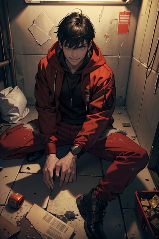 1male, Eyes looking at the camera, Perfect upper male body, (Red jacket, Black hoodie, smile, black hair), 41 years, jail cell, basement room,Sitting on ground, dirty environment,dramatic shadow, Ray tracing, Best quality, Cinematic lighting, Extremely detailed CG, 8k wallpaper,Complicated details,portrait