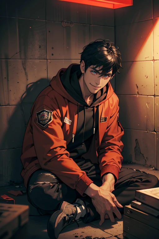 1male, Eyes looking at the camera, Perfect upper male body, (Red jacket, Black hoodie, smile, black hair), 41 years, jail cell, basement room,Sitting on ground, dirty environment,dramatic shadow, Ray tracing, Best quality, Cinematic lighting, Extremely detailed CG, 8k wallpaper,Complicated details,portrait