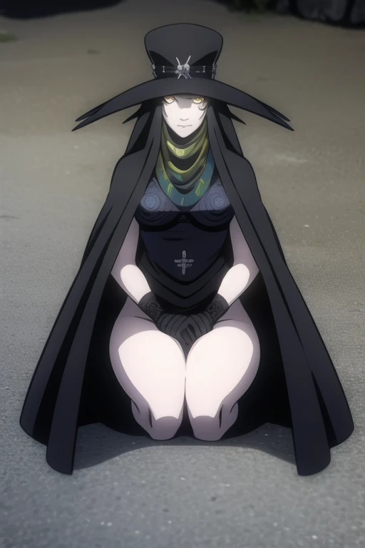 Scathach, solo, female1, shin megami tensei, cape hat, black cape, flower tattoo, gloves, white skin, (yellow eyes 1.5)flowing, sitting, shirt, smile,
BREAK looking at viewer, cape closed her body
BREAK outdoors,
BREAK (masterpiece:1.2), best quality, high resolution, unity 8k wallpaper, (illustration:0.8), (beautiful detailed eyes:1.6), extremely detailed face, perfect lighting, extremely detailed CG, (perfect hands, perfect anatomy),