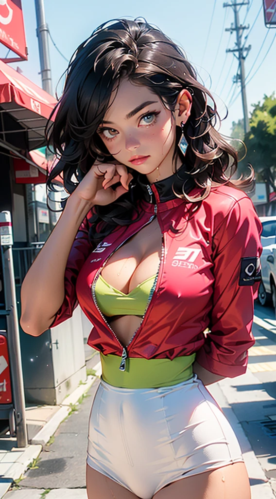 cute pit girl,(((1girl))),((pit girl with extremely cute and beautiful brown hair)),
(large breasts:1.4),saggy breasts,(((brown wavy hair:1.35,colored inner hair,ear breathing,large hair))),((heterochromia:1.5, (yellow_eye and pink_eye))),intricate eyes,beautiful detailed eyes,symmetrical eyes,big eyes:1.3,,((fat)),(((olive skin,lustrous skin:1.5,bright skin: 1.5,skin tanned,shiny skin,very shiny skin,shiny body,plastic glitter skin,exaggerated shiny skin,illuminated skin,wet legs))),(spider lower abdomen,narrow waist,wide hip,athletic body,inflated legs,detailed body,(detailed face)),
cute,slutty,seductive,erotic,(nsfw),
zettai ryouiki,(((race queen style costume, attractive companion costumes,pit girl costume))),(magenta suit unbuttoned,magenta costume),(((huge cleavage))),cleavage cutout,((wet clothes,intricate outfit,intricate clothes)),
(dynamic pose:1.0),solo focus,embarrassed,(centered,scale to fit dimensions,Rule of thirds),
cyberpunk city by the ocean at night, with bright neon signs and dark stormy clouds and puddles, scenery:1.25,
artistic photography,(photography taken by sldr),highres, sharp focus, (ultra detailed, extremely detailed), (photorealistic artwork:1.37),(extremely detailed CG unity 8k wallpaper),((synthwave background theme)),(((vibrant colors))),(intricate background),(masterpiece),(best quality),