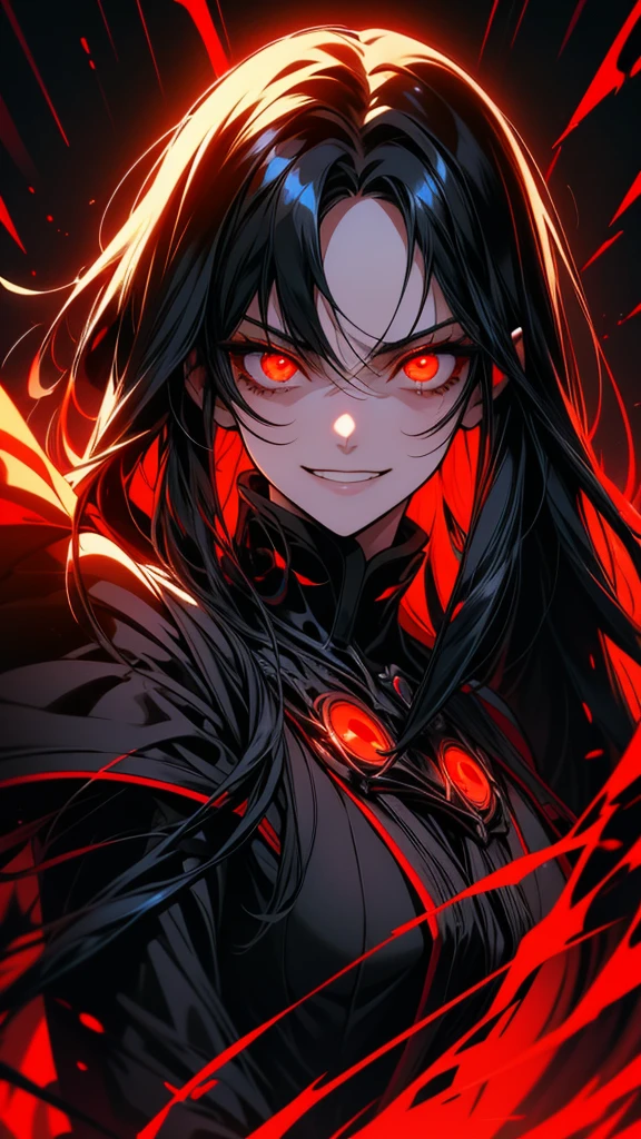 Anime girl with long black hair and yellow eyes looking at the camera, Gapmoe Yandere Grimdark, gapmoe yandere, portrait Gapmoe Yandere Grimdark, 赤くWith glowing eyes, Red eyes glow, yandere, With glowing yellow eyes, yandere intricate, Red eyes glow, With glowing eyes, Evil smile and glowing eyes smug