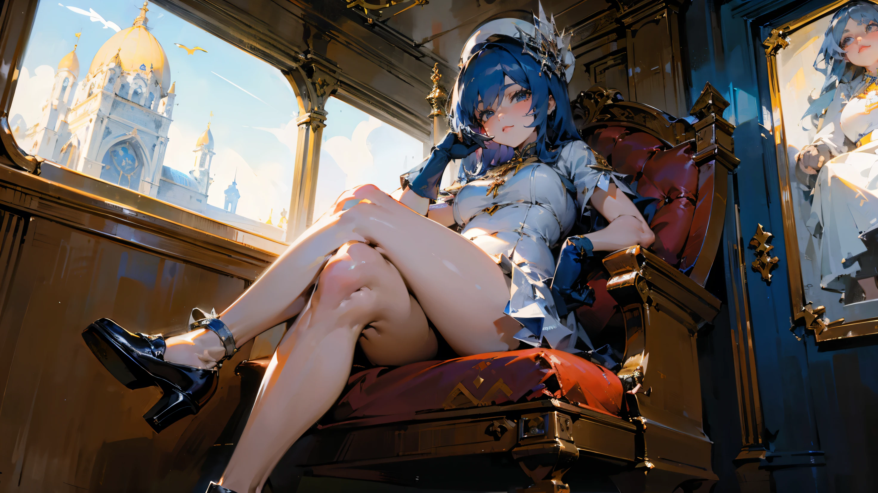 ((best quality)), Jewelry Packaging)),((1 Obese girl)),yacht,Cross your legs,Dark blue hair,Luxurious details everywhere,inside a train,Platform shoes,((Gloves)),(Nikolai Fehin),( Fisher, ),The background is the reservoir