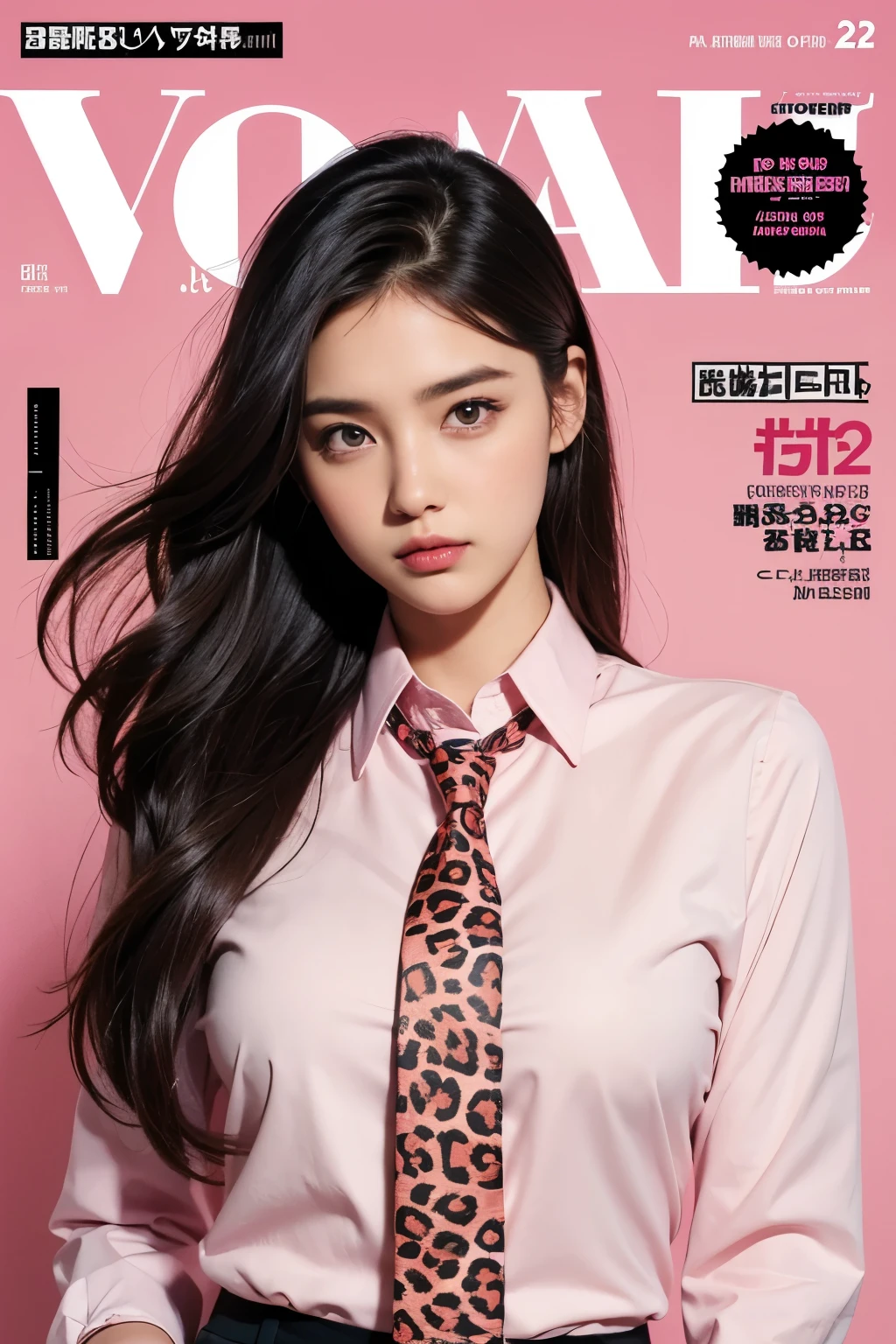 Magazine cover featuring a beautiful woman wearing a tie and a pink shirt, magazine photo, leopard print background,
