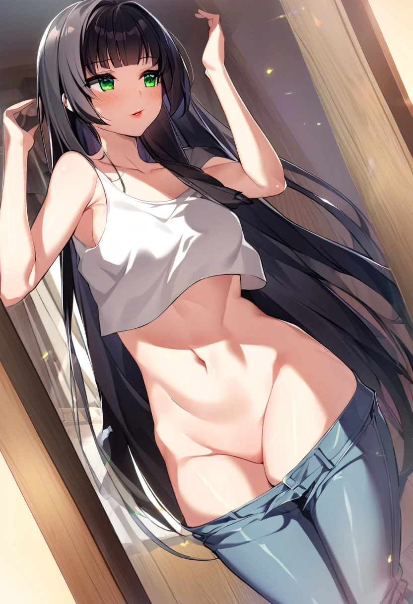 A stunningly beautiful anime girl with long, silky raven-black hair that cascades down to her waist, framing her delicate features perfectly. Her emerald green eyes sparkle with life, and she has a , curvy figure that is accentuated by her small, perky breasts. Her fair skin is flawless, and she wears a pair of striking red lipstick that perfectly complements her innocent yet alluring appearance. Dressed in a simple white tank top and a pair of light blue jeans, the girl stands in front of a full-length mirror, seemingly admiring her reflection. Her slender arms are raised up to adjust the sleeves of her tank top, revealing her toned arms and delicate wrists. She's about to put on a red shirt, which is draped over her right arm, and a black jacket, which is hanging from her left elbow. The room is brightly lit, with sunlight streaming through the window behind her, casting a warm, inviting glow across the scene.