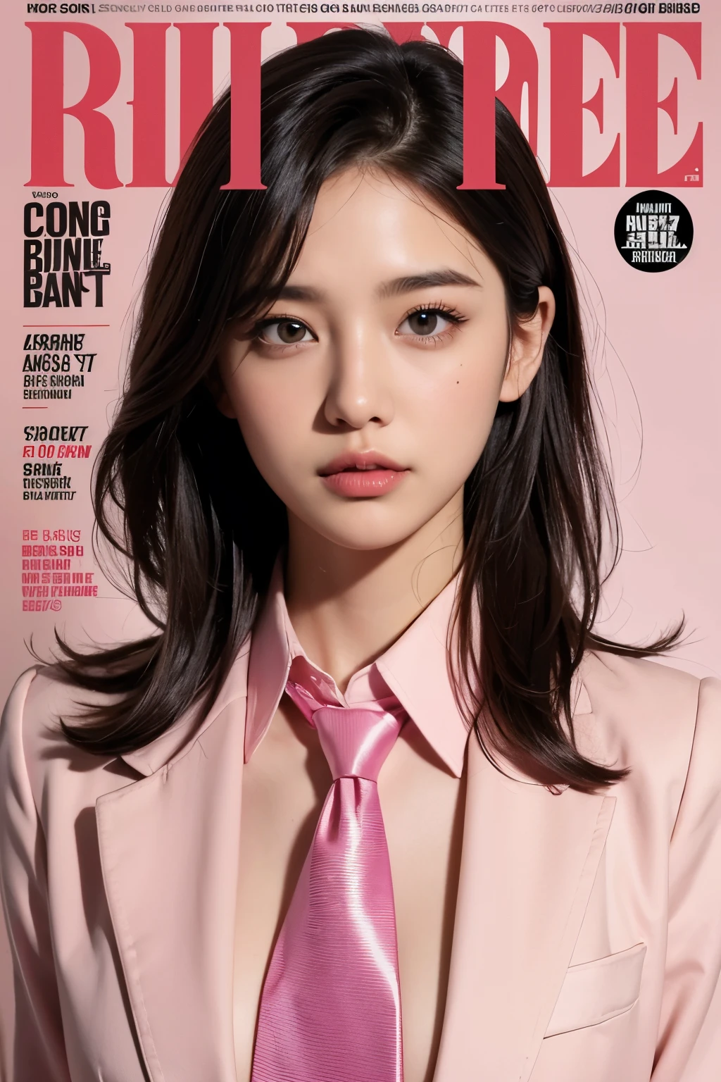 Magazine cover featuring a beautiful woman wearing a tie and a pink shirt, magazine photo, leopard print background,