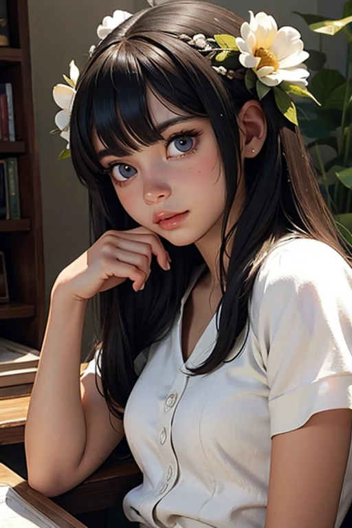 Loli garota anime, sombras realistas, pele detalhada, seios muito pequenos, Cabelo preto, Muito detalhado, Rosto altamente detalhado de 8k, formato de rosto perfeito, full and perfect lips, nariz perfeito, corrigir lindos olhos, assistindo espectador, camisa branca, flores de cabelo, Obra de arte, melhor qualidade, solteira, no bra, sem calcinha, Sozinho