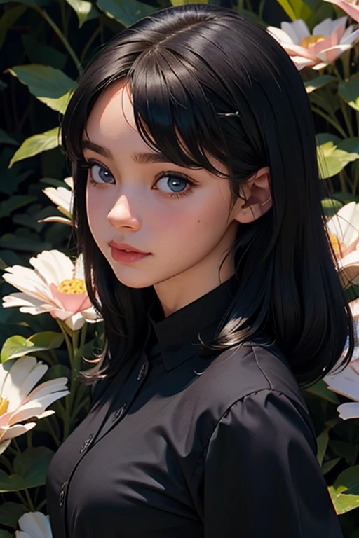 Loli garota anime, sombras realistas, pele detalhada, seios muito pequenos, Cabelo preto, Muito detalhado, Rosto altamente detalhado de 8k, formato de rosto perfeito, full and perfect lips, nariz perfeito, corrigir lindos olhos, assistindo espectador, camisa branca, flores de cabelo, Obra de arte, melhor qualidade, solteira, no bra, sem calcinha, Sozinho