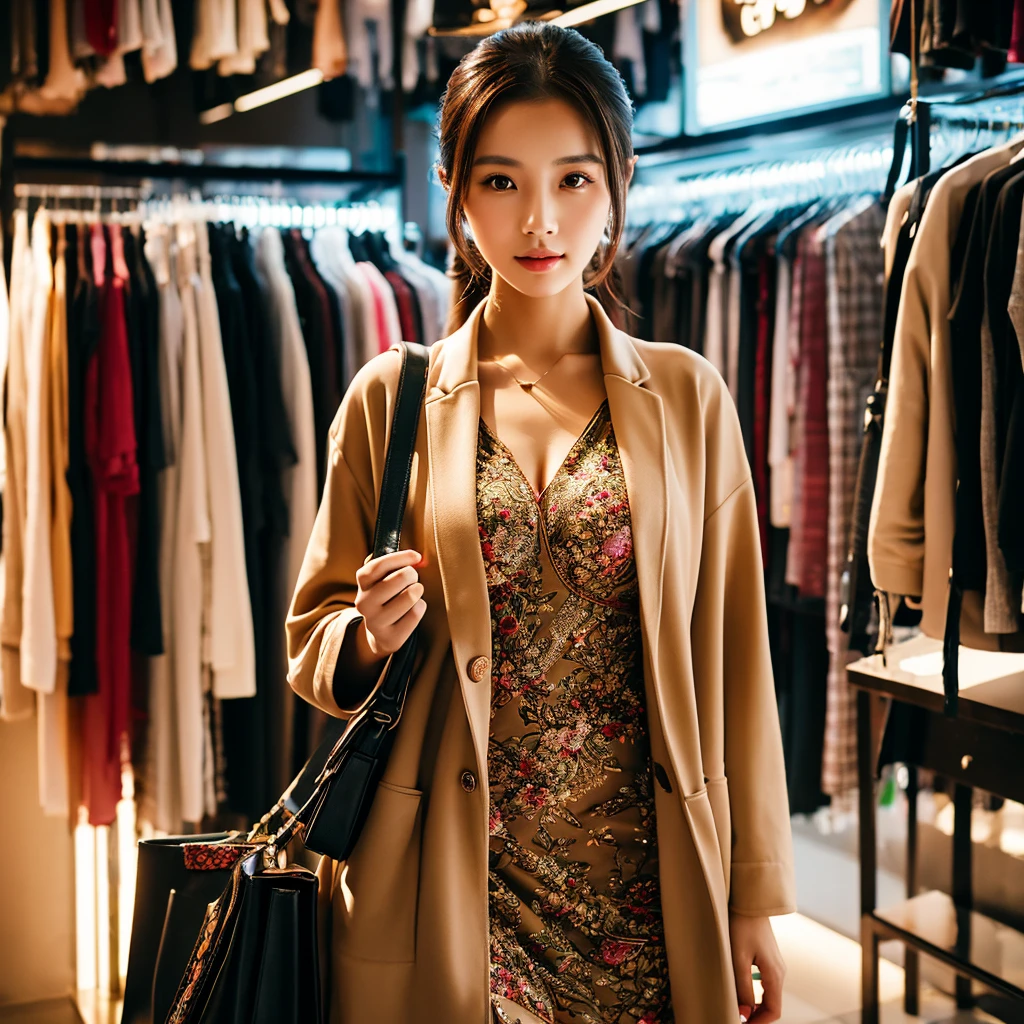 a beautiful chinese girl, wearing a clenched ribbed dress, covered by a stylish outer blazer, standing in a fashionable boutique clothing store, carrying a women's handbag, 1girl, extremely detailed, photorealistic, high quality, intricate details, studio lighting, cinematic bokeh, vibrant colors, warm lighting