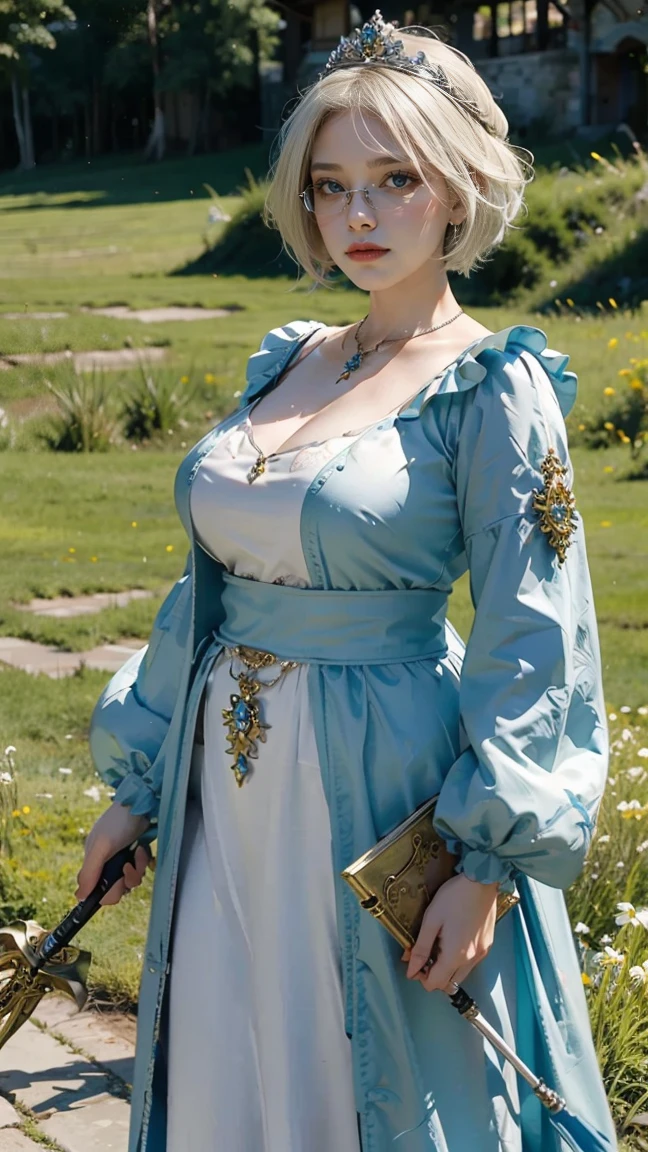 ((best quality)),Girl with glasses,Hand holding a scepter,have,Large Breasts,The background is grassland,Fat Girl,Fat Face,White,White的,White厚底鞋,short hair,((masterpiece)),((1 girl)), Lots of details,((Jewelry)),Medieval noble dress, (Nikolai Fehin),(Fechinbu, They are like this, )