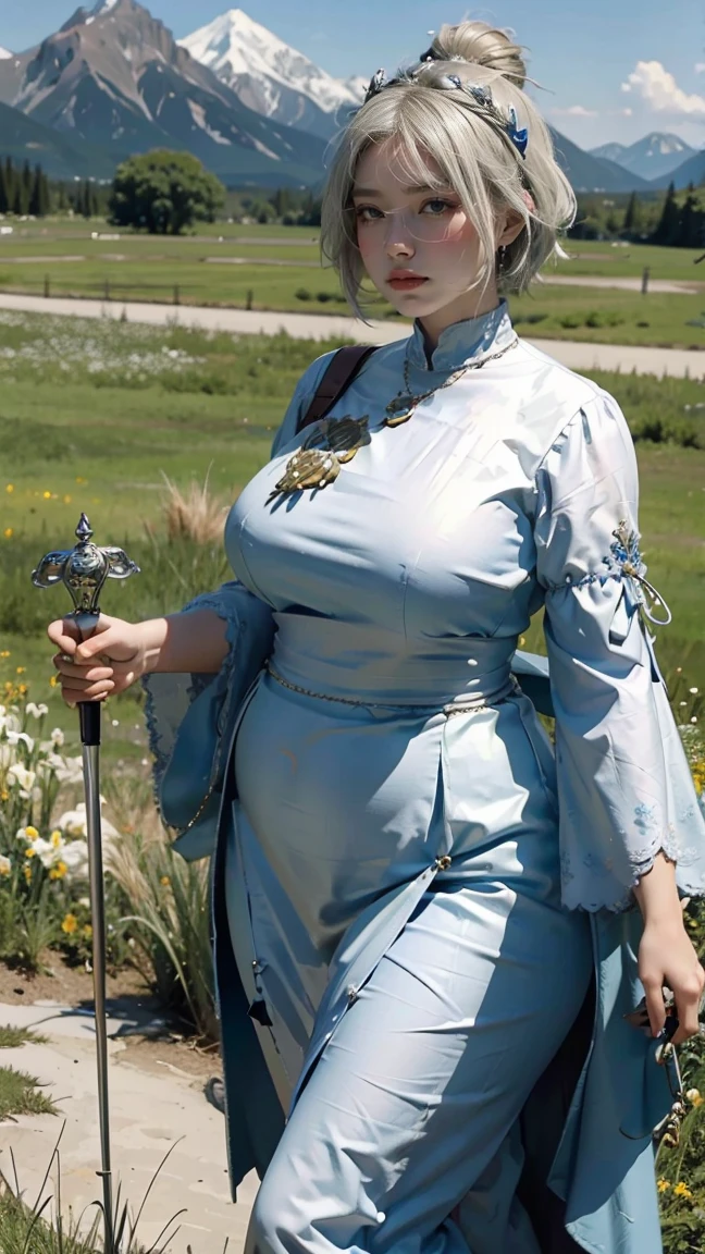 ((best quality))，Girl with glasses，Hand holding a scepter，have，Large Breasts，The background is grassland，Fat Girl，Fat Face，White，White的，White厚底鞋，short hair，((masterpiece))，((1 girl))， Lots of details，((Jewelry))，Medieval noble summer dress, （Nikolai Fehin），(Fechinbu， They are like this, )