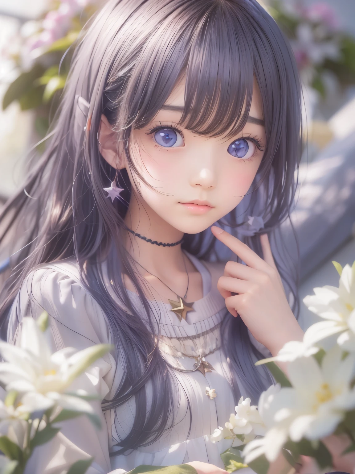 Realistic、8age、Real masterpieces, Highest quality, Highly detailed shape,1 Girl,alone, 画像Book体, flower, Looking at the audience、 Purple eyes, Jewel-like eyes, Very beautiful eyes, Highly detailed face,, , star (null), star座, Purple Energy, handrail, 流star、Shiny, straight, long hair down to the waist, Beautiful shiny bangs、16k、photograph、quality、Looking down on a young girl from above、指は4Book、The thumb1Book、Well-formed fingers、smile、24k、