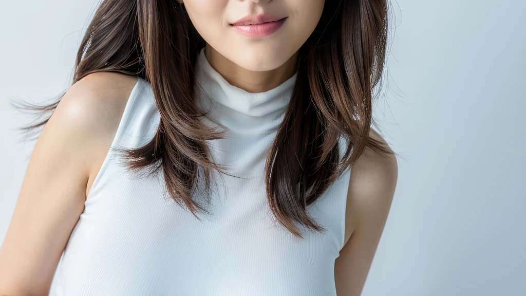 (detailed face),VIVID,normal breasts,pretty,sleeveless and turtle neck white silky clothes,4k ,super high resolution ,(photo-realistic: 1.7),white background,long hair,