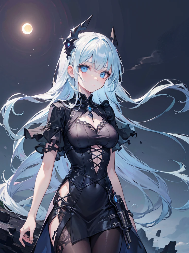 1 person、Mature、Ample breasts、White Hair、Long Hair、Blue Eyes、White skin、Black Dress、Shoulder Bare、Belly button、Hair blowing in the wind、falling、Falling from the roof、Assassin、Blood splatter、Blood splatter、Ruined City、Downtown、Night view、A troubled look、necklace、bracelet、Blue Butterfly、High resolution、Highest quality