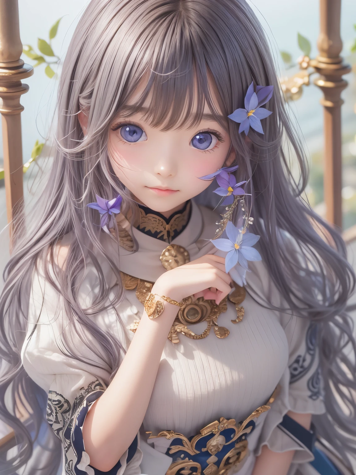Realistic、8age、Real masterpieces, Highest quality, Highly detailed shape,1 Girl,alone, 画像Book体, flower, Looking at the audience、 Purple eyes, Jewel-like eyes, Very beautiful eyes, Highly detailed face,, , star (null), star座, Purple Energy, handrail, 流star、Shiny, straight, long hair down to the waist, Beautiful shiny bangs、16k、photograph、quality、Looking down on a young girl from above、指は4Book、The thumb1Book、Well-formed fingers、