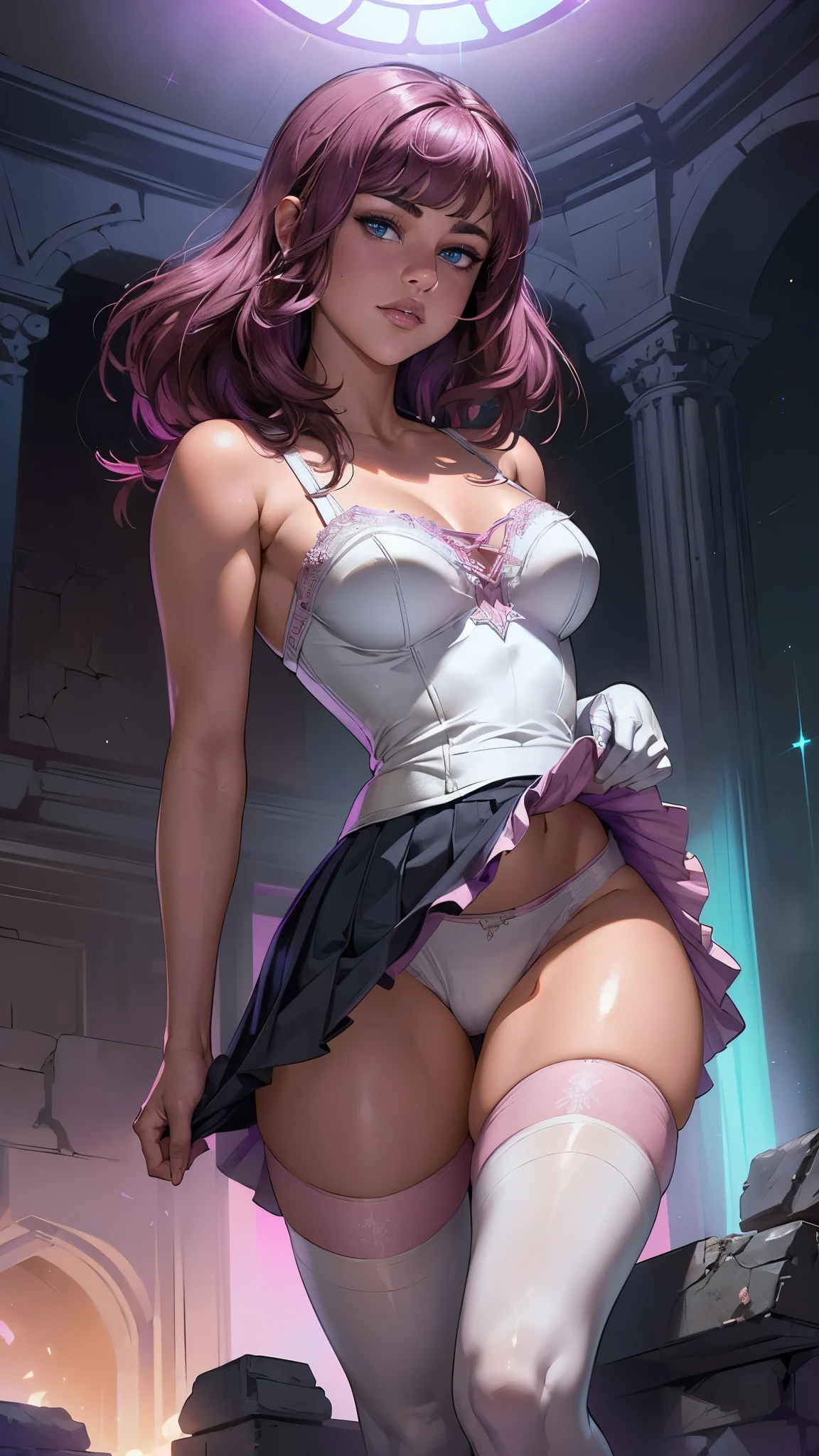 (La mejor calidad,A high resolution,Ultra - detallado,actual),Selena Gomez She looks mostly the same as her game counterpart. However, she now has mint-blue eyes, her gloves are now white,( and the flounces on her dress are lighter with a shine while the skirt is darker:1.4) . (She also has light pink and white tights that resemble candy canes and dark purplish-pink Mary Jane flats:1.4) . SPARKLE; Glitter, (skirt lifted by itself: 1.1), (skirt lift: 1.3), (showing white panties: 1.3), More detailed 8K.motor irreal:1.4,UHD,La mejor calidad:1.4, fotorrealista:1.4, textura de la piel:1.4, obra maestra:1.8,obra-prima, mejor calidad,objeto Objeto], (detailed face features:1.3),(Las proporciones correctas),(Ojos hermosos azules),  (pose vaquero), ,(Fondo de ruinas de mazmorra en ruinas:1.4 ), (skirt lifted by itself: 1.1), (skirt lift: 1.3), (showing white panties: 1.3),( cinematic lighting :1.4), (colores brillantes), (Selena Gomez :1.4),( Selena Gomez V2.1), (dedos perfecto :1.4), (perfect anatomy :1.4) 