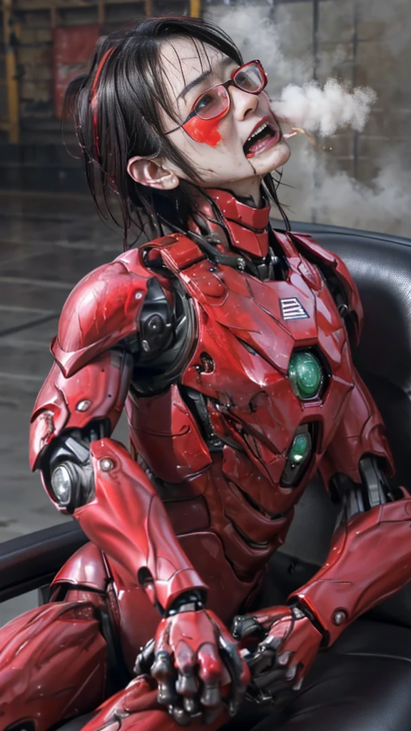 Rough skin, Very detailed, Advanced Details, high quality, 最high quality, High resolution, 1080p 、Bleeding from the wound、Red Armor、Wearing red and black、cute((Serious damage to the whole body))(Wearing a damaged female robot suit...)(Red Armor)(Broken Armor)Black Hair、Glasses、Chiquita、Soaking wet、Open your mouth、Sweaty face、It hurts again、cute、knock down、Droolinging from the mouth、Female college student　　(Steam coming out of the face) ((Steam from the body)) Sit on a chair　Touching the vagina　Drooling　look up　suffering　Filming locations　Remove the helmet　My eyes have disappeared