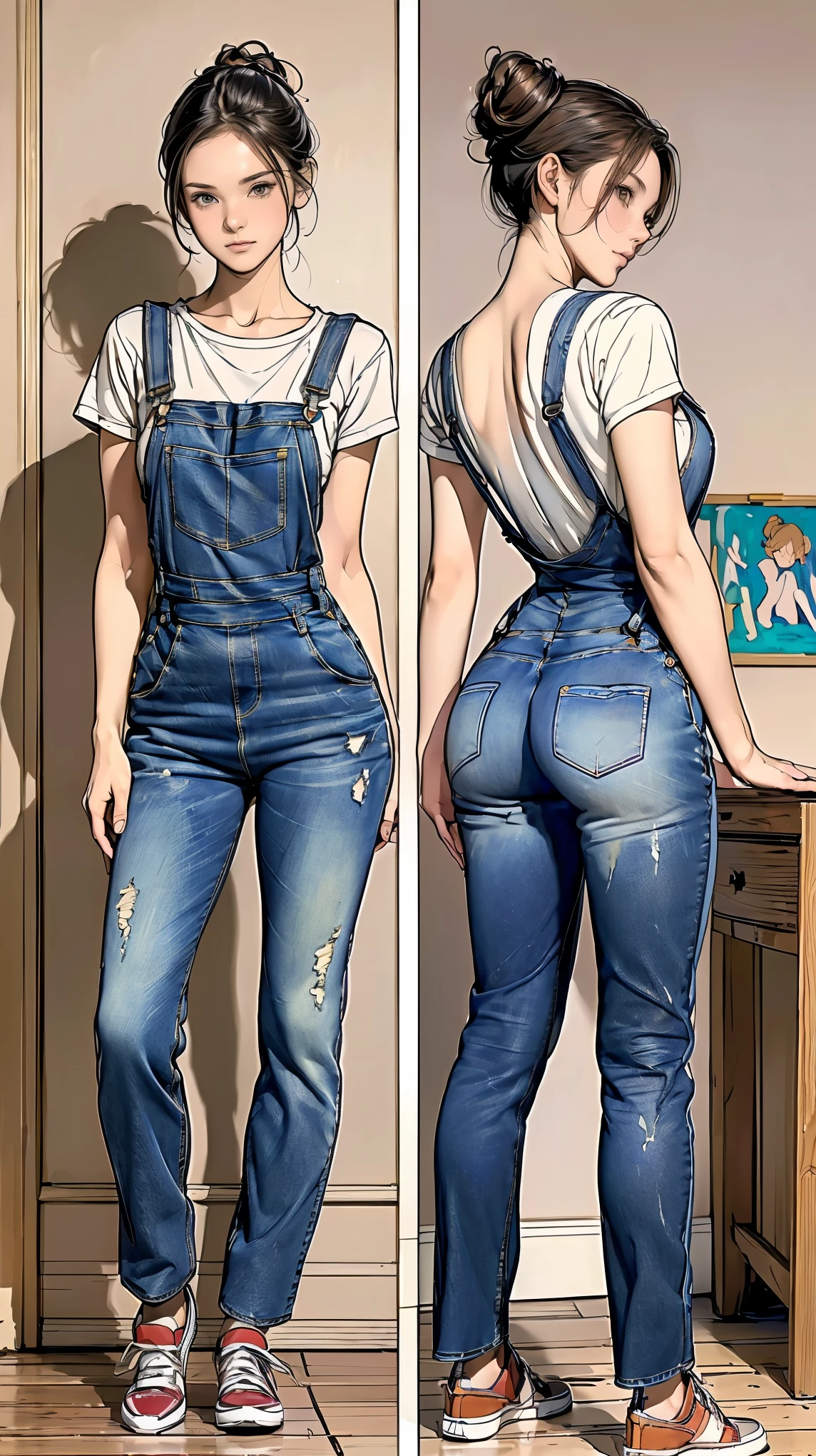 Jolene Blalock, arafed woman in a denim jumpsuit leaning against a column, wearing overalls, wearing blue jean overalls, blue overalls, overalls, torn overalls, mary elizabeth winstead, wearing dirty overalls, julia sarda, artist wearing overalls, artist wearing torn overalls, wearing a straw hat and overalls, ashley greene, double denim, topless